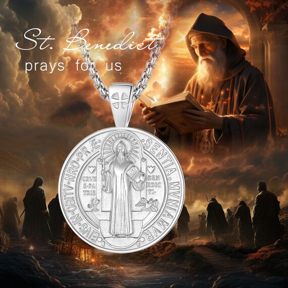 EUDORA Harmony Ball Heiliger Benedikt Kette Medaille für Damen Herren Sterling Silber 925, Hl. St. Benedikt Halskette Amulett Anhänger Christlicher Schmuck, Geschenke für Frauen Herren, 20Zoll +2Zoll