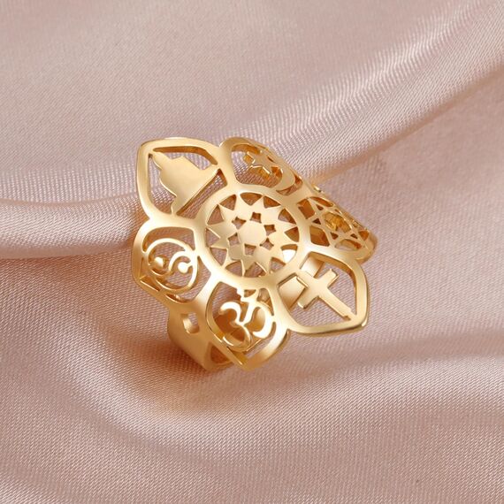 VASSAGO Lotusblume Verstellbarer Ring Coexist Om Kreuz Islam Stern Mond Davidstern Yin Yang Yoga Ring für Frauen Gilrs Religiöser Schmuck Geschenk
