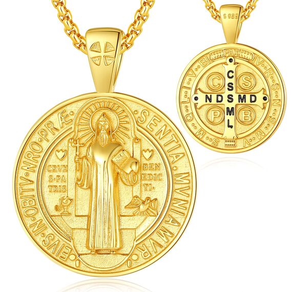 EUDORA Harmony Ball Heiliger Benedikt Kette Medaille für Damen Herren 18K Vergoldetes Sterling Silber, St. Benedikt Halskette Amulett Anhänger Christlicher Schmuck, Geschenke für Frauen Männer, 55CM