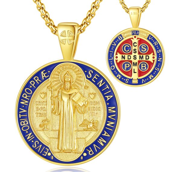 EUDORA Harmony Ball Heiliger Benedikt Kette Medaille für Damen Herren 18K Vergoldetes Sterling Silber, St. Hl. Benedikt Halskette Anhänger Amulett Schmuck Religion Geschenk für Frauen Herren, 22"+2"