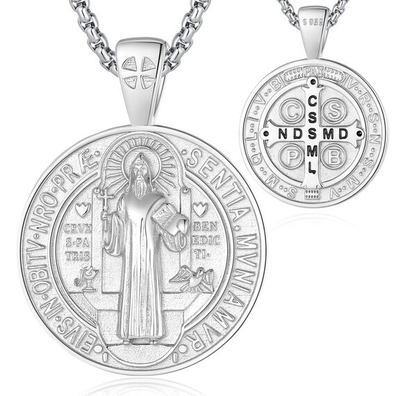EUDORA Harmony Ball Heiliger Benedikt Kette Medaille für Damen Herren Sterling Silber 925, Hl. St. Benedikt Halskette Amulett Anhänger Christlicher Schmuck, Geschenke für Frauen Herren, 20Zoll +2Zoll