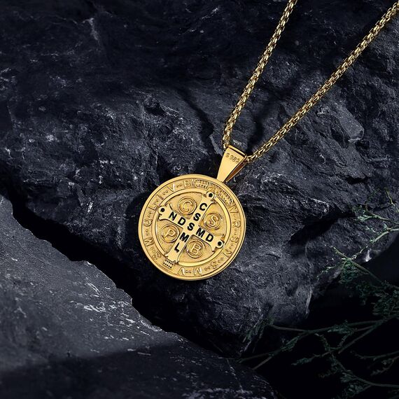 EUDORA Harmony Ball Heiliger Benedikt Kette Medaille für Damen Herren 18K Vergoldetes Sterling Silber, St. Benedikt Halskette Amulett Anhänger Christlicher Schmuck, Geschenke für Frauen Männer, 55CM