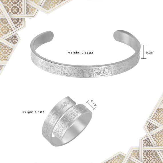 VASSAGO Einstellbare islamische Ayatul Kursi Ring/Armband für Frauen Männer Muslim Allah Koran Ringe Arabisch Kalligraphie Islam Eid Islamischer Ringe Schmuck Geschenke (Silber Ring&Armband)