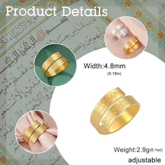 Dreamtimes Islamischer Ayatul Kursi Ring für Frauen und Männer - Muslim Koran Allah Öffnungsfähiger Ring - Arabische Kalligraphie - Islam Eid Ramadan Geschenk (Gold)
