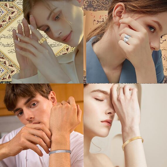 VASSAGO Einstellbare islamische Ayatul Kursi Ring/Armband für Frauen Männer Muslim Allah Koran Ringe Arabisch Kalligraphie Islam Eid Islamischer Ringe Schmuck Geschenke (Silber Ring&Armband)