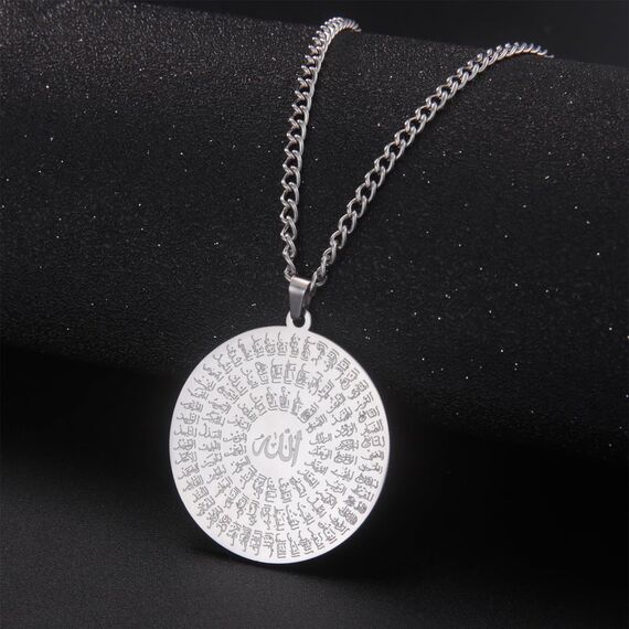 EUEAVAN Allah Halskette für Frauen Männer islamische Schrift Symbole Arabisch Runde Anhänger Halskette Mittlerer Osten Allah Islam Religiöser Schmuck Muslimisches Geschenk (Allah 2 silber)
