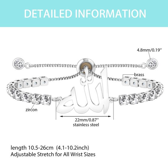 JunyiDIY Allah Tennis Kristallarmband für Frauen, modisches islamisches Wahre-Gott-Zirkonia mit verstellbarer Kette Glücks Frieden und Segensschmuck für Mutter Ehefrau zum Jahrestag Valentinstag