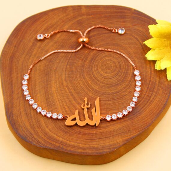 JunyiDIY Rosévergoldetes islamisches Armband, Allah-Charm-Tennis-Kubikzirkonia-Kette, Wahre-Gott-Schutz- und Friedenstalisman-Schmuck für Männer Frauen Familientreffen und religiöse Zeremonien
