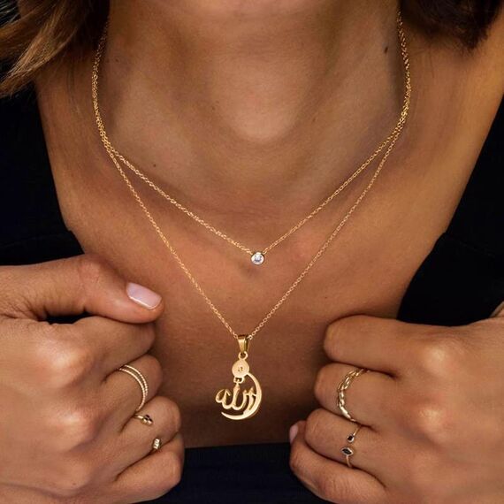 PROSTEEL Halbmond Mondsichel Anhänger Halskette Damen Allah Kette 18k vergoldet Islamische Collier religiöser Modeschmuck Accessoire für Weihnachten Geburtstag
