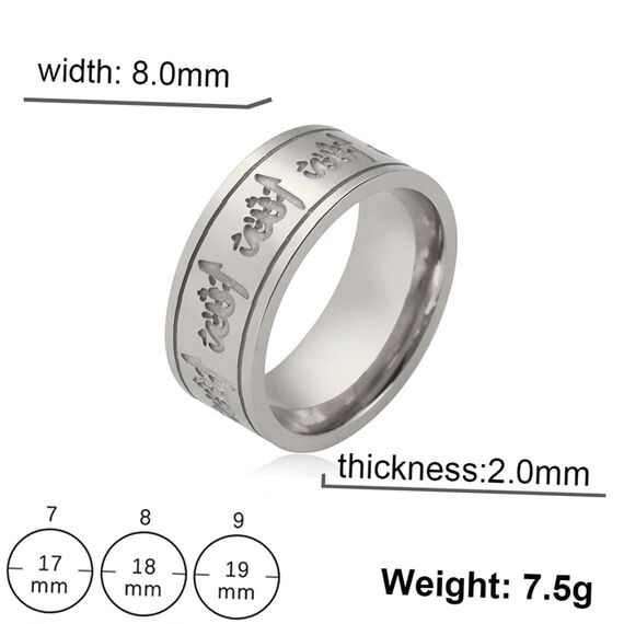 Ring für Männer und Frauen, 8 mm, Islam, muslimisch, Allah, Edelstahl, breiter Ring, islamisch, muslimisch, Gebet, religiöser Ring Schmuck, 9, Edelstahl, Kein Edelstein