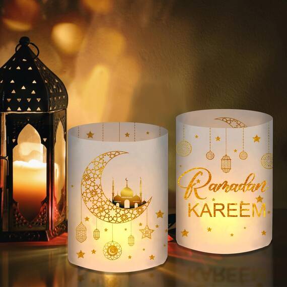 12 Windlicht Tischdeko, Ramadan Deko Set Gold, Ramadan Kareem Eid Umrah Mubarak Dekoration, Islam Deko Tisch, Ramazan Dekor Kinder, Ramadan Islamische Geschenke Zubehör, für Teelichter Oder Kerzen