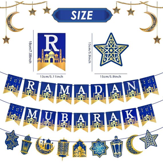 AhfuLife Ramadan Mubarak Dekoration, Ramadan Deko - Vormontiert Ramadan Mubarak Banner Stern Mond Laterne Girlande, Ramadan Kareem Dekoration für Muslim Islamische Party Umrah Eid Mubarak Deko