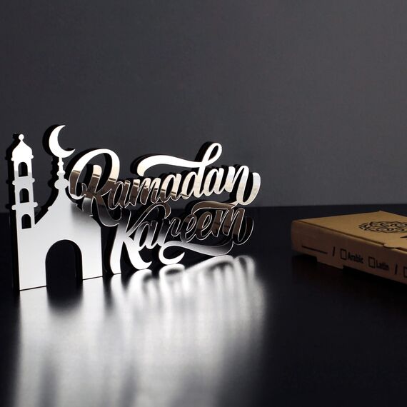 iwa concept Islamische Tischdekorationen aus Holz mit Acryl, Ramadan-Kareem-und Eid-Mubarak-Dekoration, islamisch muslimische Geschenke, Ramadan Kareem-3, Silber
