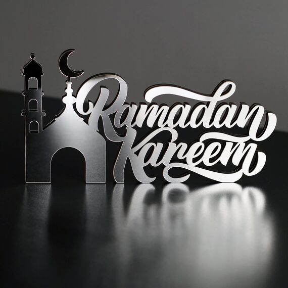 iwa concept Islamische Tischdekorationen aus Holz mit Acryl, Ramadan-Kareem-und Eid-Mubarak-Dekoration, islamisch muslimische Geschenke, Ramadan Kareem-3, Silber