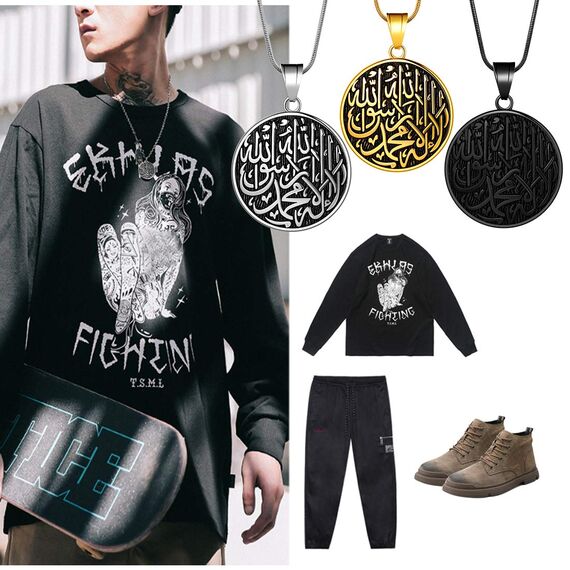 Hipunk Allah Halskette Herren Muslim Anhänger Black Gun Plated Islamisch Arabisch Geschenk 316L Edelstahl Islam Schmuck SP0049B