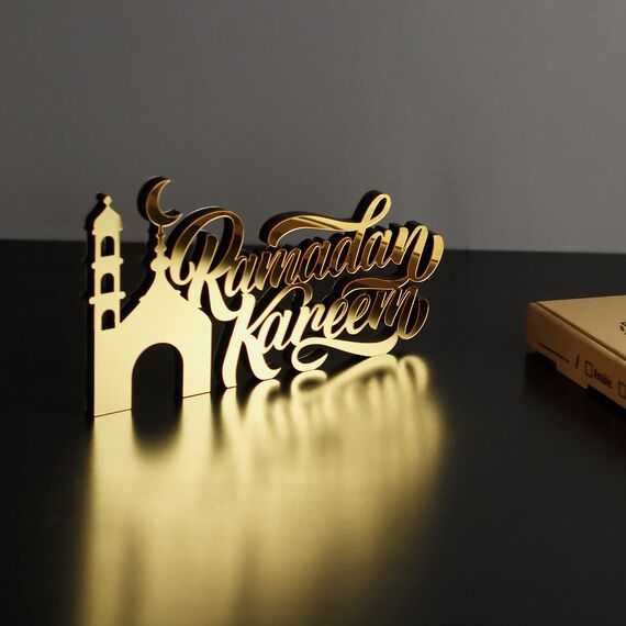 iwa concept Islamische Tischdekorationen aus Holz mit Acryl, Ramadan-Kareem-und Eid-Mubarak-Dekoration, islamisch muslimische Geschenke, Ramadan Kareem-3, Gold