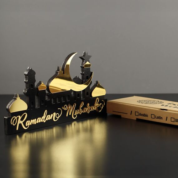 iwa concept Islamische Tischdekorationen aus Holz mit Acryl, Ramadan-Kareem-und Eid-Mubarak-Dekoration, islamisch muslimische Geschenke, Ramadan Mubarak, Gold