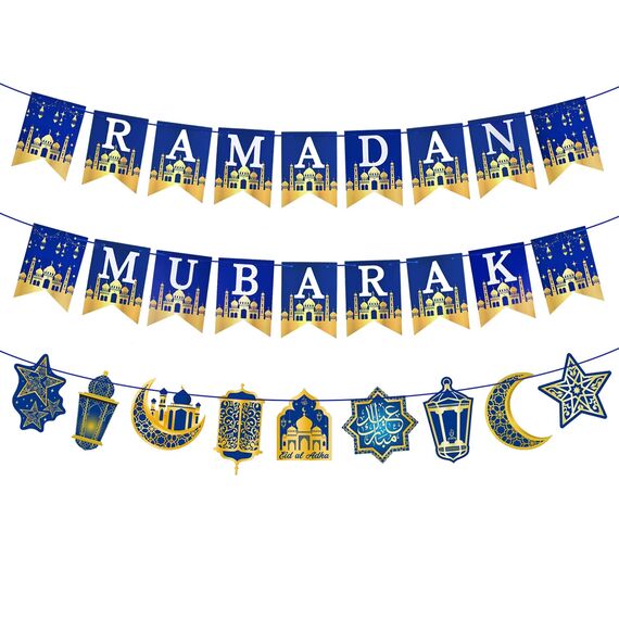 AhfuLife Ramadan Mubarak Dekoration, Ramadan Deko - Vormontiert Ramadan Mubarak Banner Stern Mond Laterne Girlande, Ramadan Kareem Dekoration für Muslim Islamische Party Umrah Eid Mubarak Deko