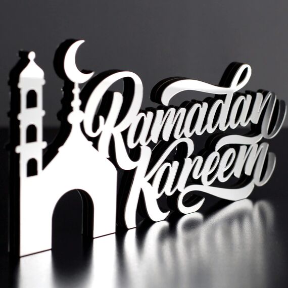 iwa concept Islamische Tischdekorationen aus Holz mit Acryl, Ramadan-Kareem-und Eid-Mubarak-Dekoration, islamisch muslimische Geschenke, Ramadan Kareem-3, Silber