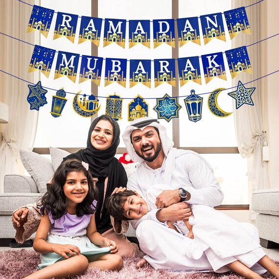 AhfuLife Ramadan Mubarak Dekoration, Ramadan Deko - Vormontiert Ramadan Mubarak Banner Stern Mond Laterne Girlande, Ramadan Kareem Dekoration für Muslim Islamische Party Umrah Eid Mubarak Deko