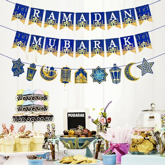 AhfuLife Ramadan Mubarak Dekoration, Ramadan Deko - Vormontiert Ramadan Mubarak Banner Stern Mond Laterne Girlande, Ramadan Kareem Dekoration für Muslim Islamische Party Umrah Eid Mubarak Deko