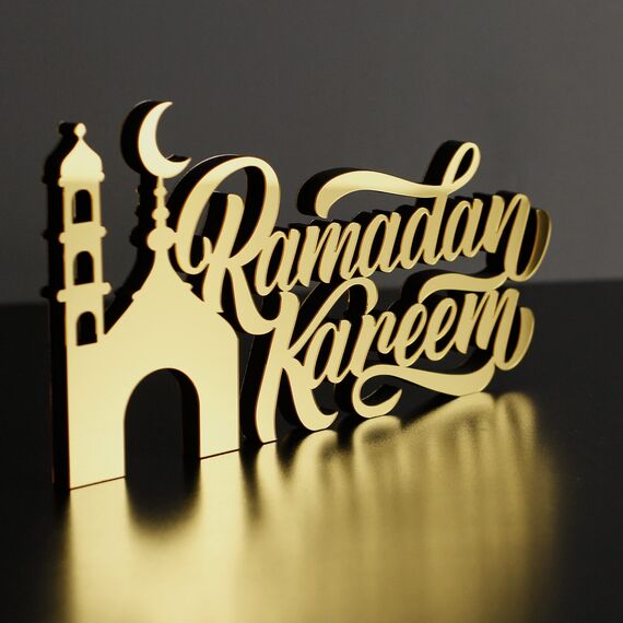 iwa concept Islamische Tischdekorationen aus Holz mit Acryl, Ramadan-Kareem-und Eid-Mubarak-Dekoration, islamisch muslimische Geschenke, Ramadan Kareem-3, Gold