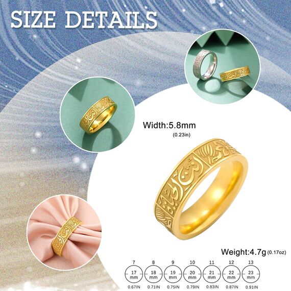 Dreamtimes Muslim Allah Islam Ring für Männer Frauen Lotus Blumen Ringe Edelstahl Arabisch Buchstabe Band Ringe Religiöse Allah Ringe (Gold-7)