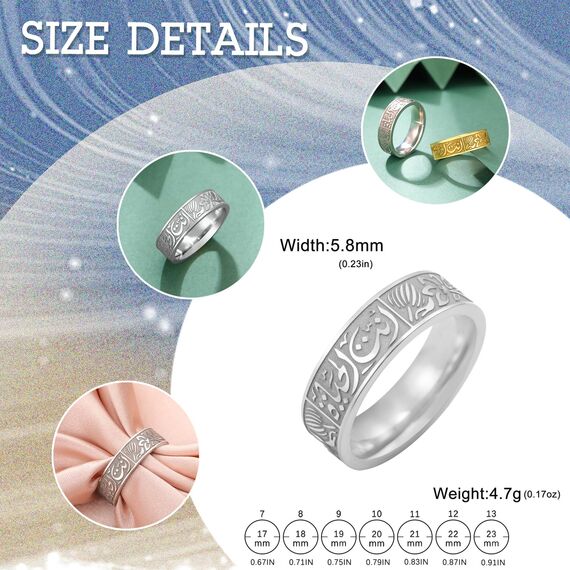 Dreamtimes Muslim Allah Islam Ring für Männer Frauen Lotus Blumen Ringe Edelstahl Arabisch Buchstabe Band Ringe Religiöse Allah Ringe (Silber-8)