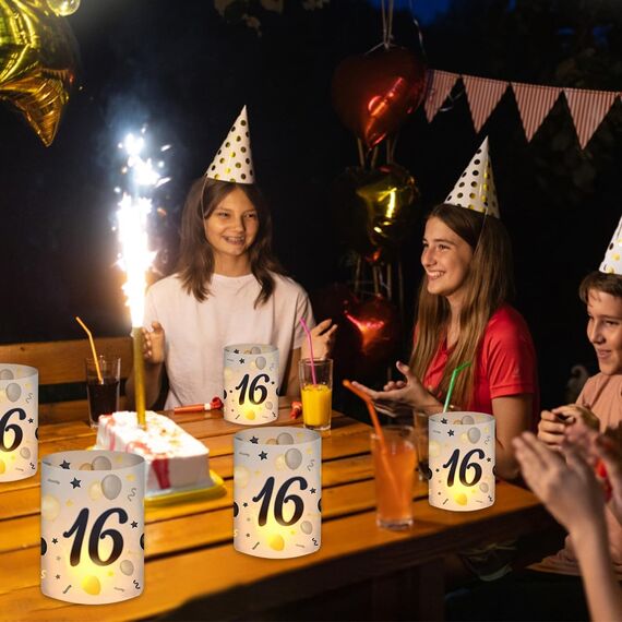 12 Windlicht Tischdeko 16 Geburtstag, Deko 16 Geburtstag Junge, Geburtstagsdeko 16 Junge, 16 Jahre Happy Birthday Tischdeko Schwarzes Gold, Geeignet für Teelichter oder Kerzen