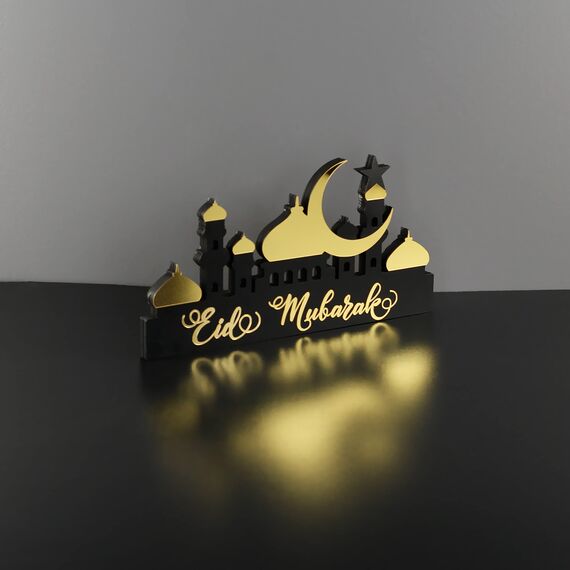iwa concept Islamische Tischdekorationen aus Holz mit Acryl, Ramadan-Kareem-und Eid-Mubarak-Dekoration, islamisch muslimische Geschenke, Eid Mubarak-5, Gold
