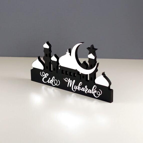 iwa concept Islamische Tischdekorationen aus Holz mit Acryl, Ramadan-Kareem-und Eid-Mubarak-Dekoration, islamisch muslimische Geschenke, Eid Mubarak-5, Silber