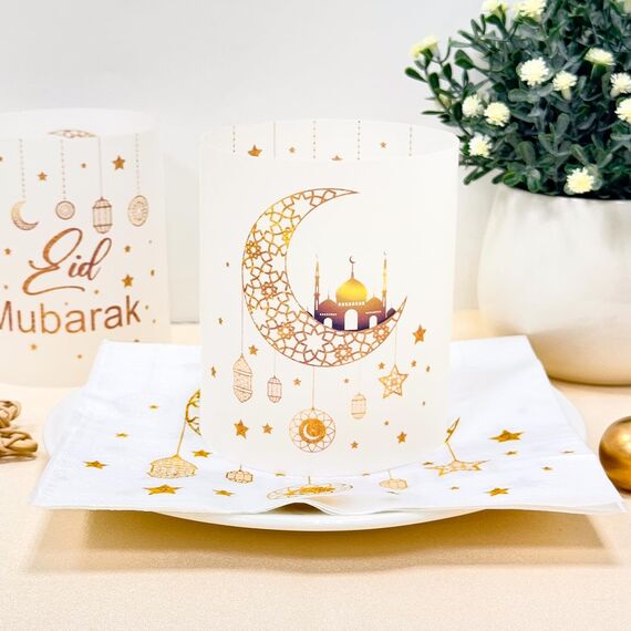 20 Stück Ramadan Servietten + 12 Stück Windlicht Tischdeko, Ramadan Deko Tisch Set Gold, Eid Umrah Hajj Mubarak Dekoration, Bayram Islam Deko Kinder Stern Mond Zubehör, Islamische Ramadan Geschenke