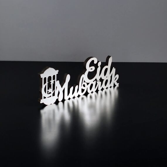 iwa concept Islamische Tischdekorationen aus Holz mit Acryl, Ramadan-Kareem-und Eid-Mubarak-Dekoration, islamisch muslimische Geschenke, Eid Mubarak-3, Silber