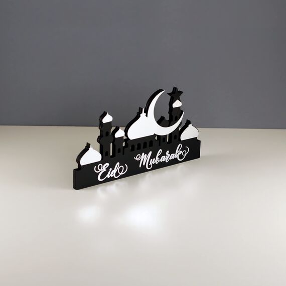 iwa concept Islamische Tischdekorationen aus Holz mit Acryl, Ramadan-Kareem-und Eid-Mubarak-Dekoration, islamisch muslimische Geschenke, Eid Mubarak-5, Silber