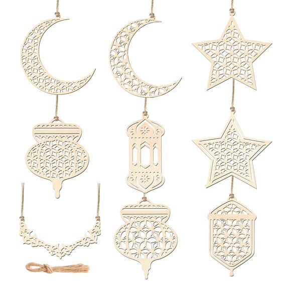 O-Kinee 9 Stück Holz Anhänger Ramadan, Ramadan Kareem Dekoration, Mond Stern Wind Licht Form Holzanhänger für Muslim Ramadan Eid Mubarak Eid Party Dekorationen