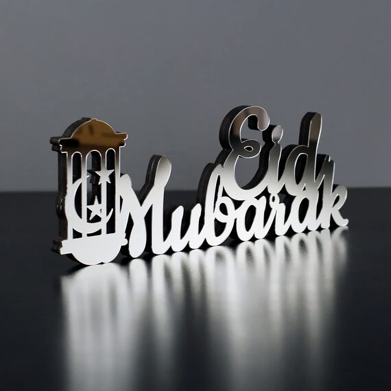 iwa concept Islamische Tischdekorationen aus Holz mit Acryl, Ramadan-Kareem-und Eid-Mubarak-Dekoration, islamisch muslimische Geschenke, Eid Mubarak-3, Silber