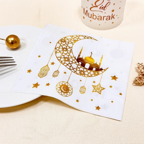 20 Stück Ramadan Servietten + 12 Stück Windlicht Tischdeko, Ramadan Deko Tisch Set Gold, Eid Umrah Hajj Mubarak Dekoration, Bayram Islam Deko Kinder Stern Mond Zubehör, Islamische Ramadan Geschenke