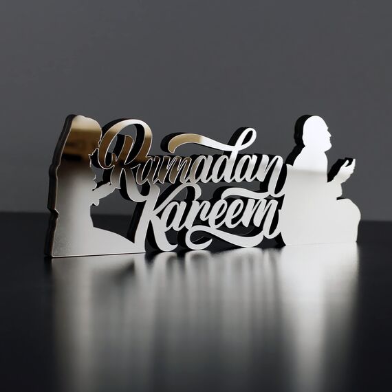 iwa concept Islamische Tischdekorationen aus Holz mit Acryl, Ramadan-Kareem-und Eid-Mubarak-Dekoration, islamisch muslimische Geschenke, Ramadan Kareem-2, Silber