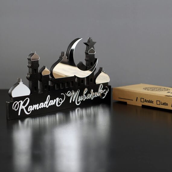 iwa concept Islamische Tischdekorationen aus Holz mit Acryl, Ramadan-Kareem-und Eid-Mubarak-Dekoration, islamisch muslimische Geschenke, Ramadan Mubarak, Silber