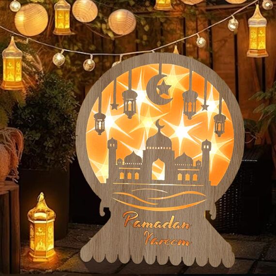Ramadan Dekorative Halbmond Holz LED Lampe Eid Mubarak Dekorative Ramadan Laterne Batteriebetrieben Innen Tischdekoration für Schlafzimmer Balkon