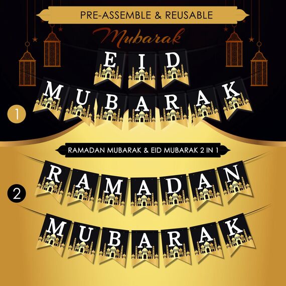 AhfuLife Eid Mubarak Banner Girlande Dekoration Set, Vormontiert Ramadan Mubarak Banner, 6 Islamic Stern Mond Girlande Spirale, 10 Cake Topper für Muslim Party Deko