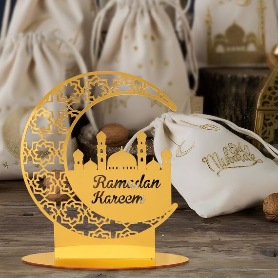COLOFALLA Ramadan Tischdeko Eid Mubarak Tischdeko Gold Schild Mond Ramadan Deko Tisch Ramadan Aufsteller Mond Moschee für Eid Islamische Party