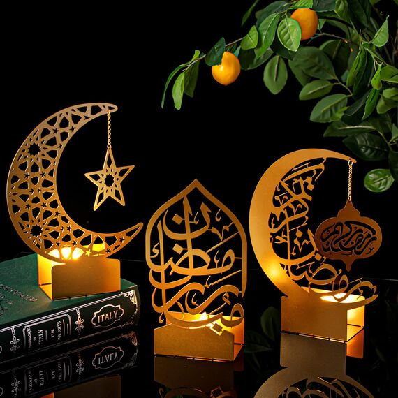 Photect 3 Stück Eid al-Adha Metall Ramadan Tisch Deko Gold Eid Mubarak Tischdekoration Stern Mond Islamische Tischschilder Esstisch Ornamente Teelichthalter für Tafelaufsatz Deko Party Geschenk