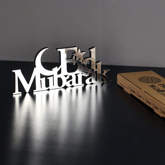 iwa concept Islamische Tischdekorationen aus Holz mit Acryl, Ramadan-Kareem-und Eid-Mubarak-Dekoration, islamisch muslimische Geschenke, Eid Mubarak-4, Silber