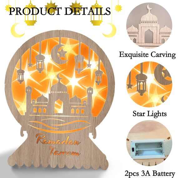 Ramadan Dekorative Halbmond Holz LED Lampe Eid Mubarak Dekorative Ramadan Laterne Batteriebetrieben Innen Tischdekoration für Schlafzimmer Balkon