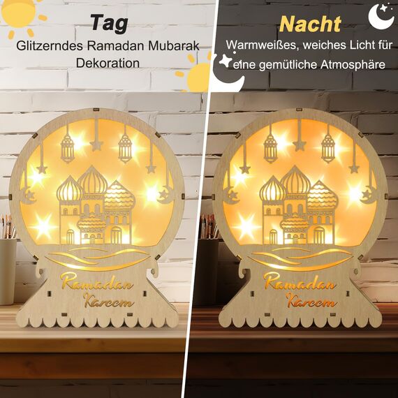 Giftota Ramadan Deko Lampe, Ramadan Dekoration aus Holz, 3D Mond Stern Eid Mubarak Dekoration, Islam Deko, Ramadan Mubarak Dekoration Geschenke