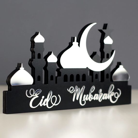 iwa concept Islamische Tischdekorationen aus Holz mit Acryl, Ramadan-Kareem-und Eid-Mubarak-Dekoration, islamisch muslimische Geschenke, Eid Mubarak-5, Silber