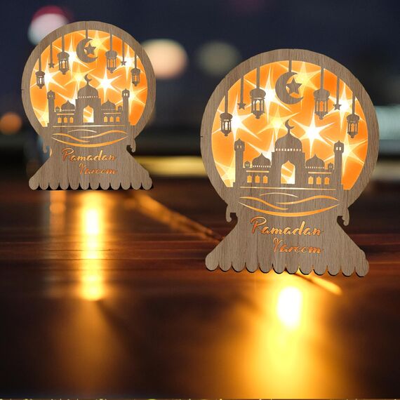 Ramadan Dekorative Halbmond Holz LED Lampe Eid Mubarak Dekorative Ramadan Laterne Batteriebetrieben Innen Tischdekoration für Schlafzimmer Balkon