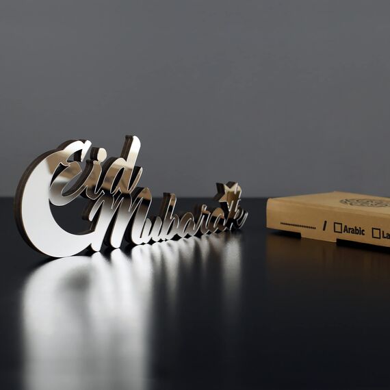 iwa concept Islamische Tischdekorationen aus Holz mit Acryl, Ramadan-Kareem-und Eid-Mubarak-Dekoration, islamisch muslimische Geschenke, Eid Mubarak-2, Silber