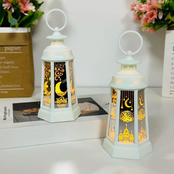 Ramadan Laterne 2 Stück Ramadan Laterne mit Warmweiß LED-Licht Ramadan Mubarak Dekoration, Mondschloss Laterne, Eid Mubarak Laterne, Ramadan Tischdekoration für Muslimische Festivals, Dekoration (Weiß